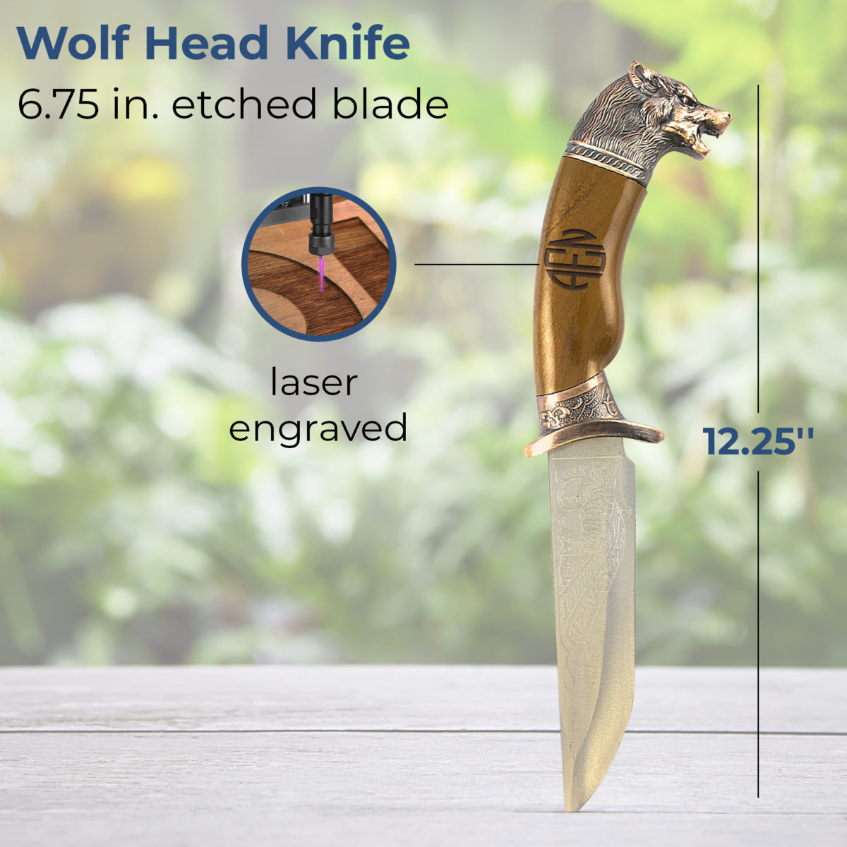 Personalized Round Monogram 12.25" Decorative Dagger Knife Wolf Head - Image 3