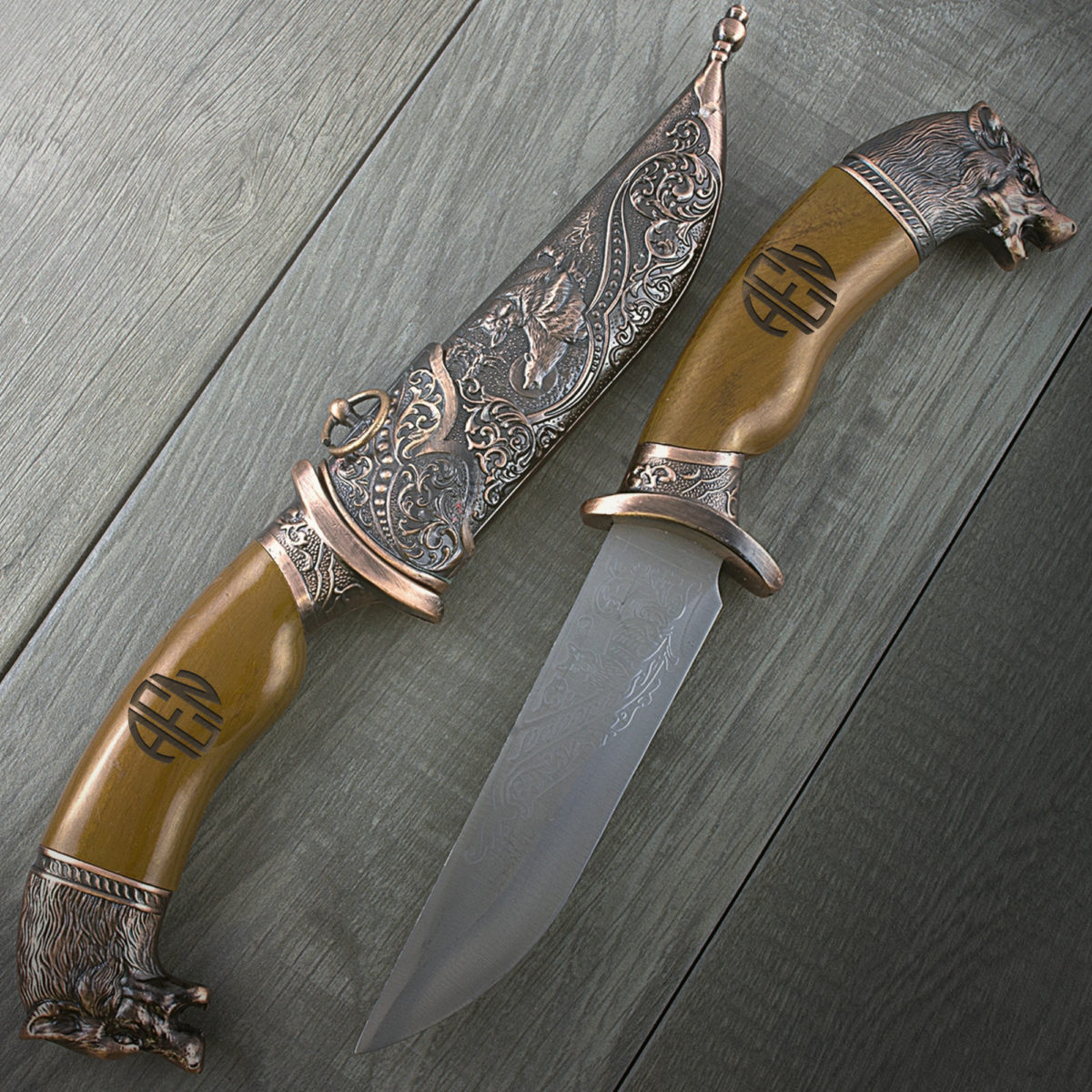 Personalized Round Monogram 12.25" Decorative Dagger Knife Wolf Head