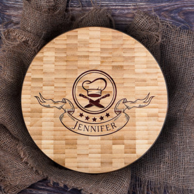 Personalized Chef Knife Bamboo Round Butcher Block Serving Board