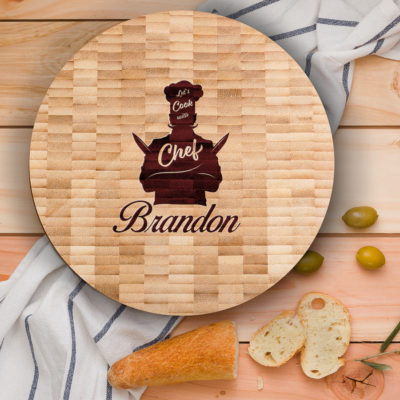 Personalized Bamboo Round Butcher Block Serving Board - Chef Silhouette