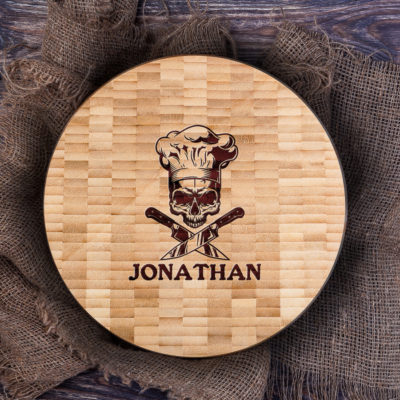 Personalized Bamboo Round Butcher Block Serving Board - Chef Skull
