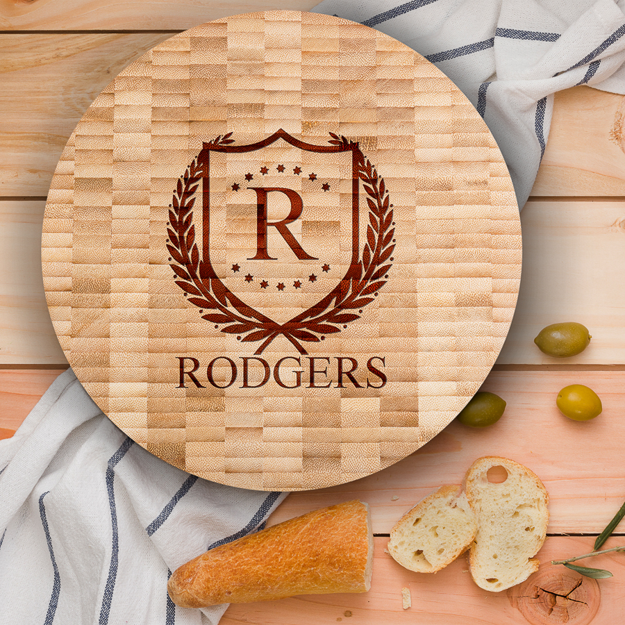 Personalized ShieldStar Bamboo Round Butcher Block Serving Board