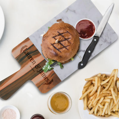 Personalized Laurel Couple 12 x 7 Wood and Marble Rectangular Serving Board w/ Handle