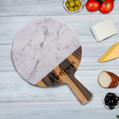 Personalized 12'' Wood and Marble Finish Round Melamine Serving Board w/ Handle