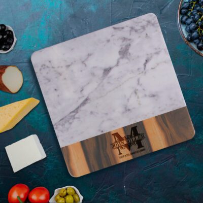 Personalized Monogram 13" Faux Hickory Wood and Carrara Marble Square Melamine Serving Board