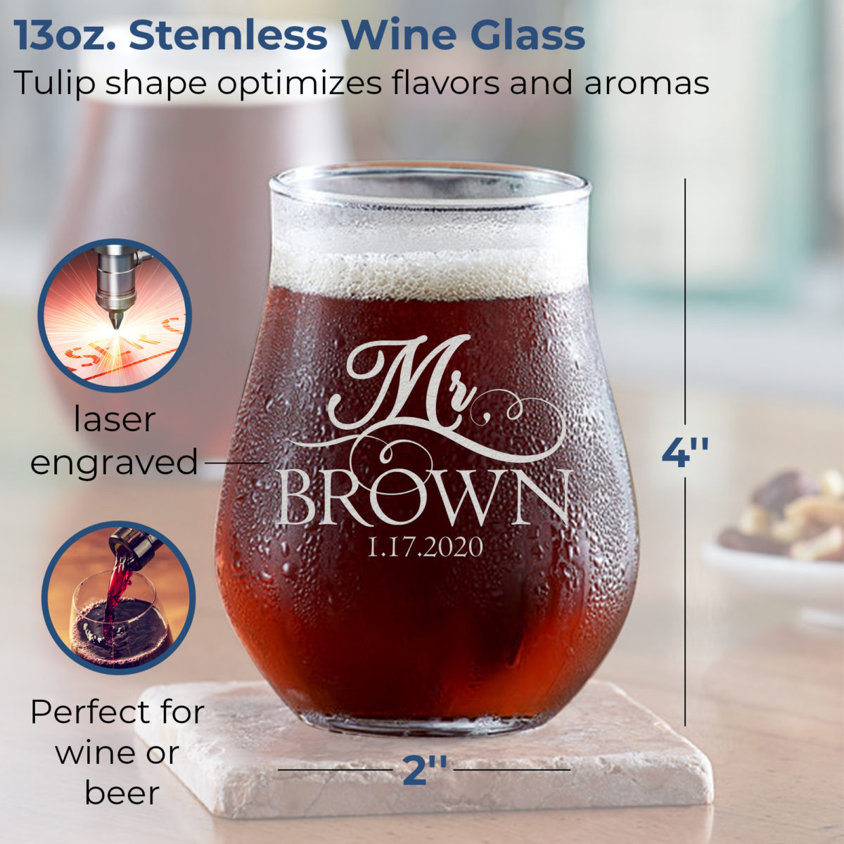 Personalized Wedding 13 oz. Stemless Tulip Glass - Image 4