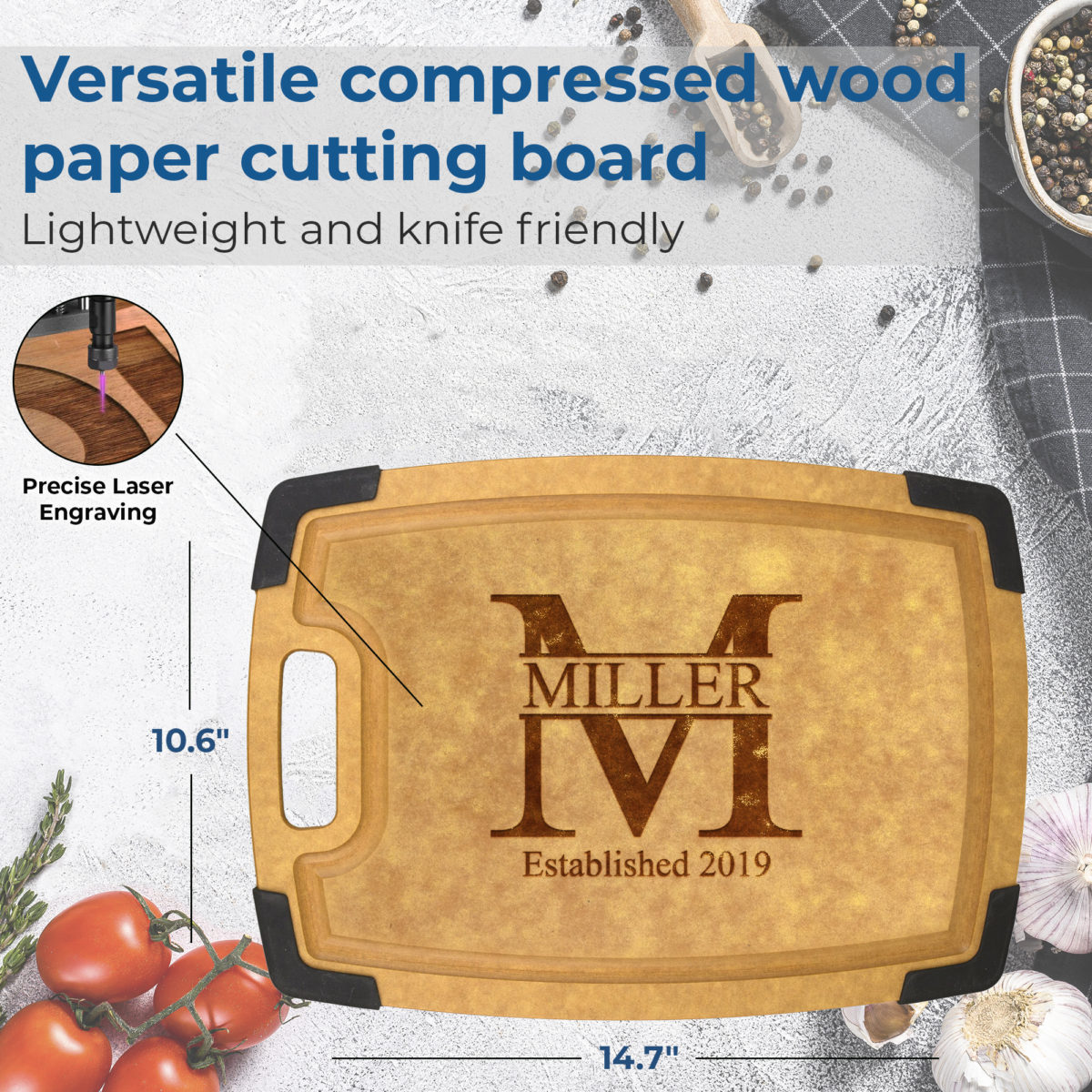 Personalized Monogram Composite Wood Cutting Board with Juice Groove and Non Slip Guard - Image 2