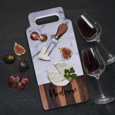 Personalized 15x7 Faux Hickory Wood and Carrara Marble Melamine Serving Board with Handle