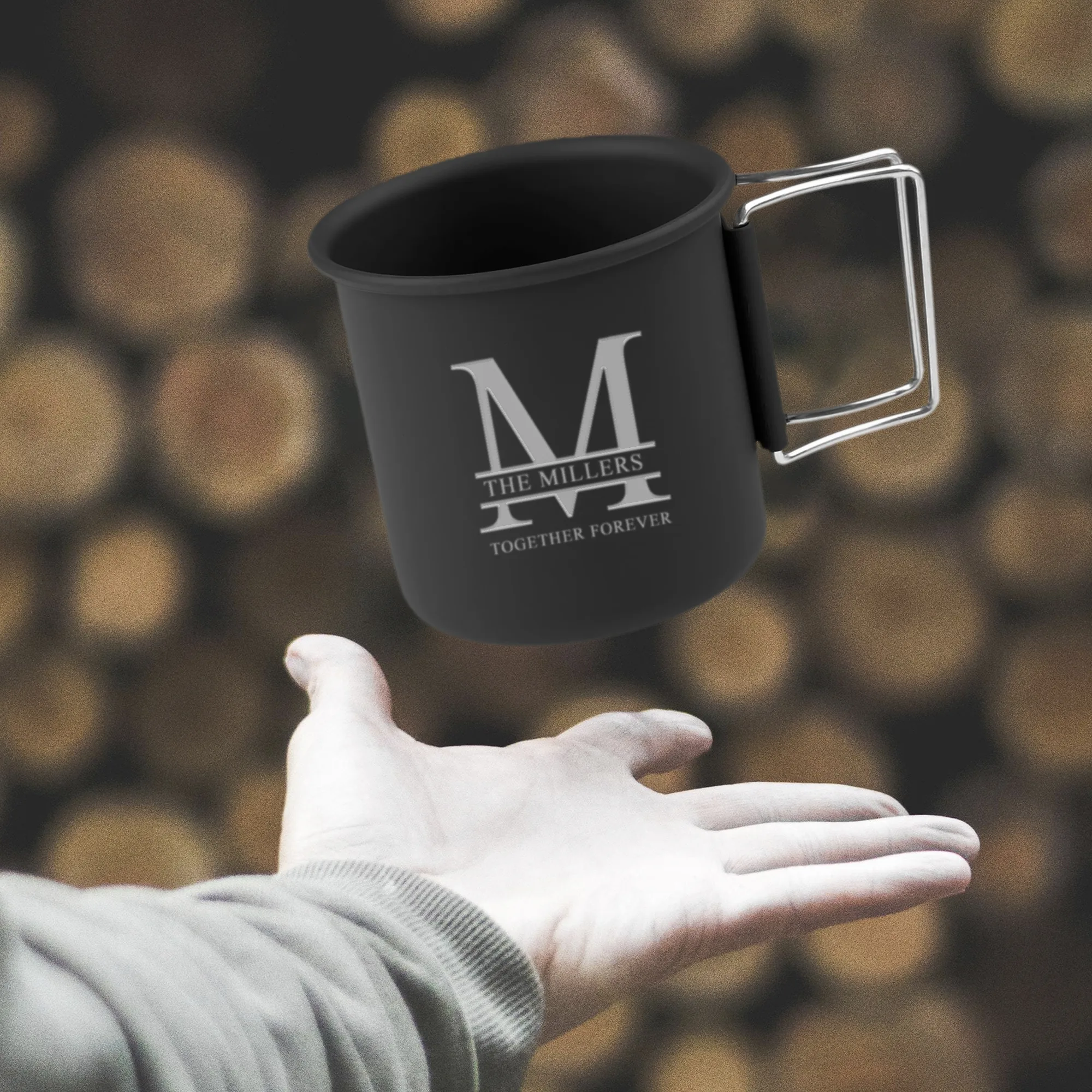 Personalized Split Letter Monogram Aluminum Camping Cup With Folding Handle
