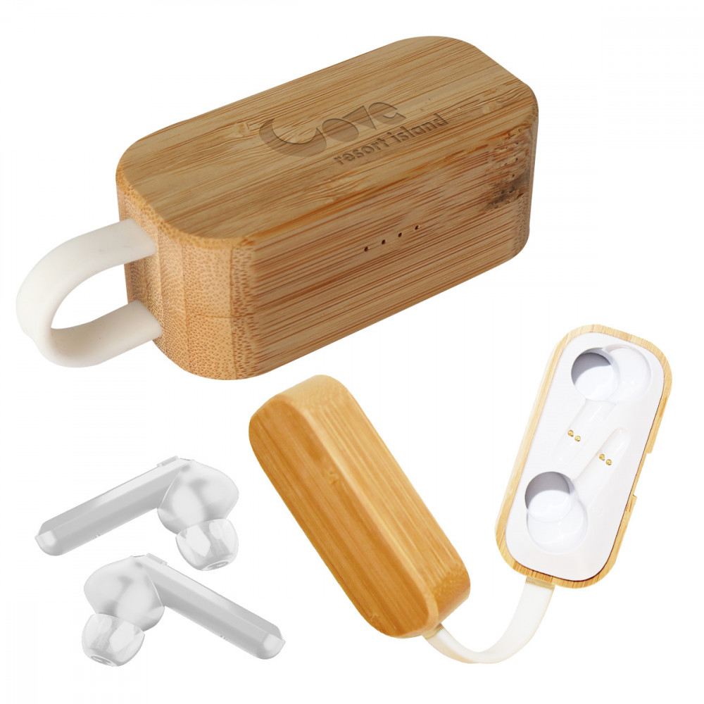 TWS Earbuds In Bamboo Charging Case TWS Earbuds In Bamboo Charging Case