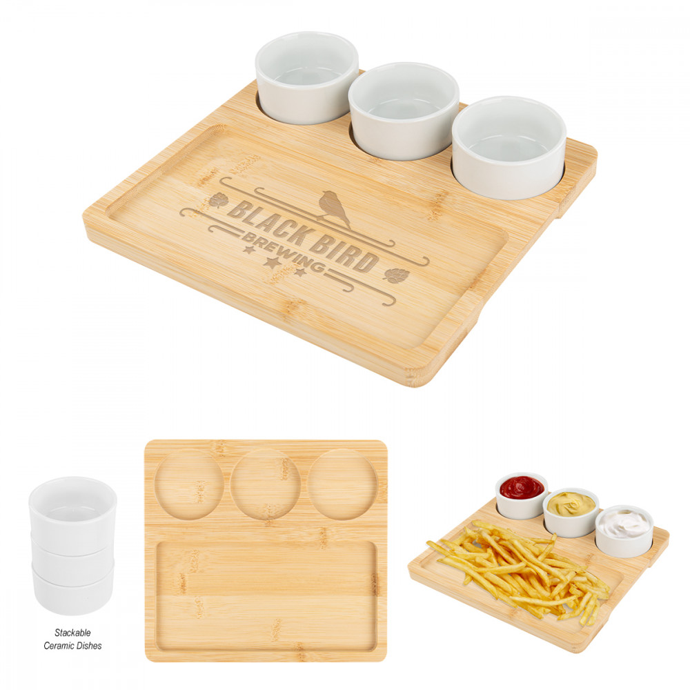 Bamboo Serving Tray With Ceramic Bowls Bamboo Serving Tray With Ceramic Bowls