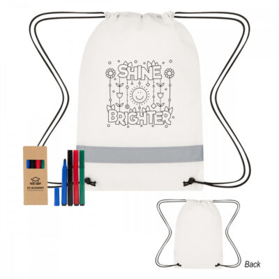 Lil' Bit Reflective Non-Woven Coloring Drawstring Bag With 4-Piece Washable Marker Set