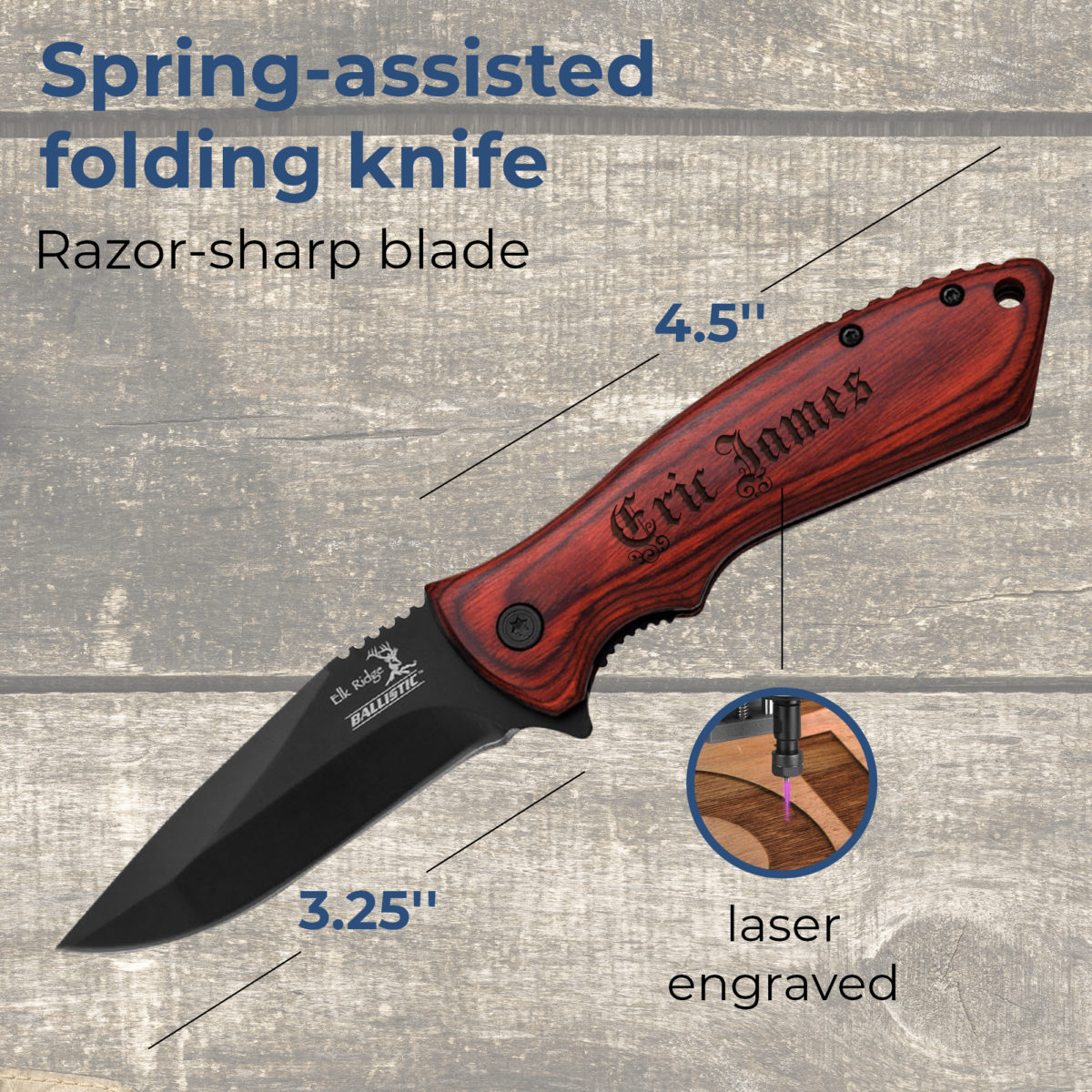 Personalized 7.75" Spring Assisted Folding Knife with Wood Handle - Image 3