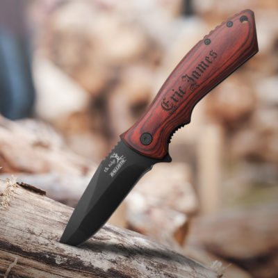 Personalized 7.75" Spring Assisted Folding Knife with Wood Handle