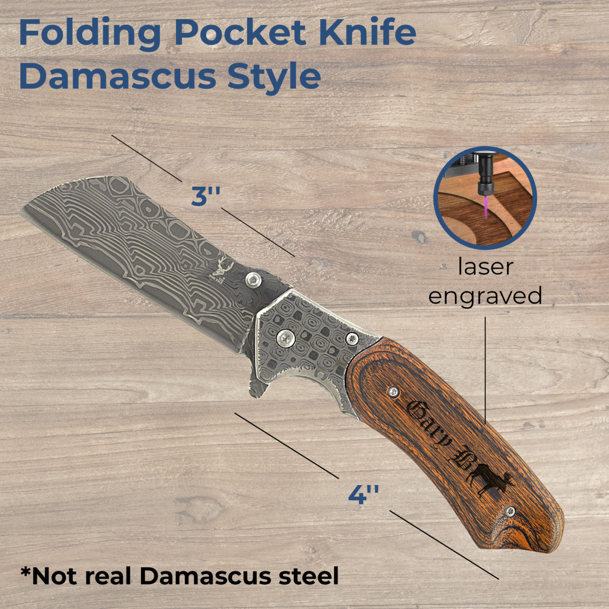 Personalized Elk 7" Damascus Style Folding Pocket Knife - Image 2