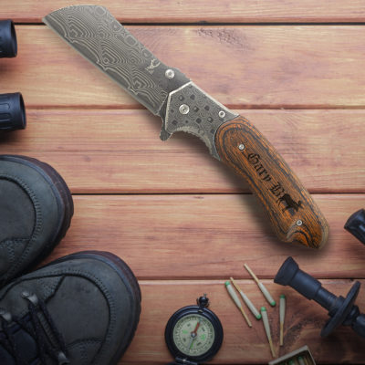 Personalized Elk 7" Damascus Style Folding Pocket Knife