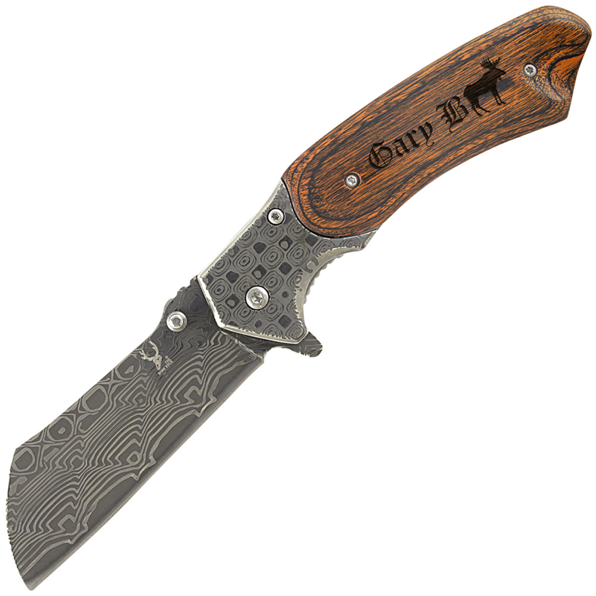 Personalized Elk 7" Damascus Style Folding Pocket Knife - Image 5