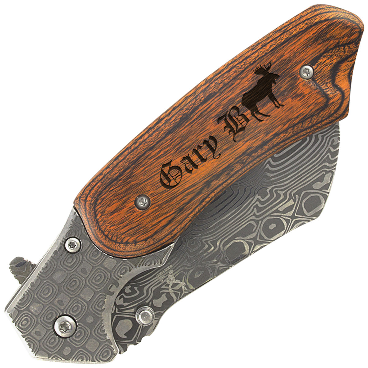 Personalized Elk 7" Damascus Style Folding Pocket Knife - Image 4