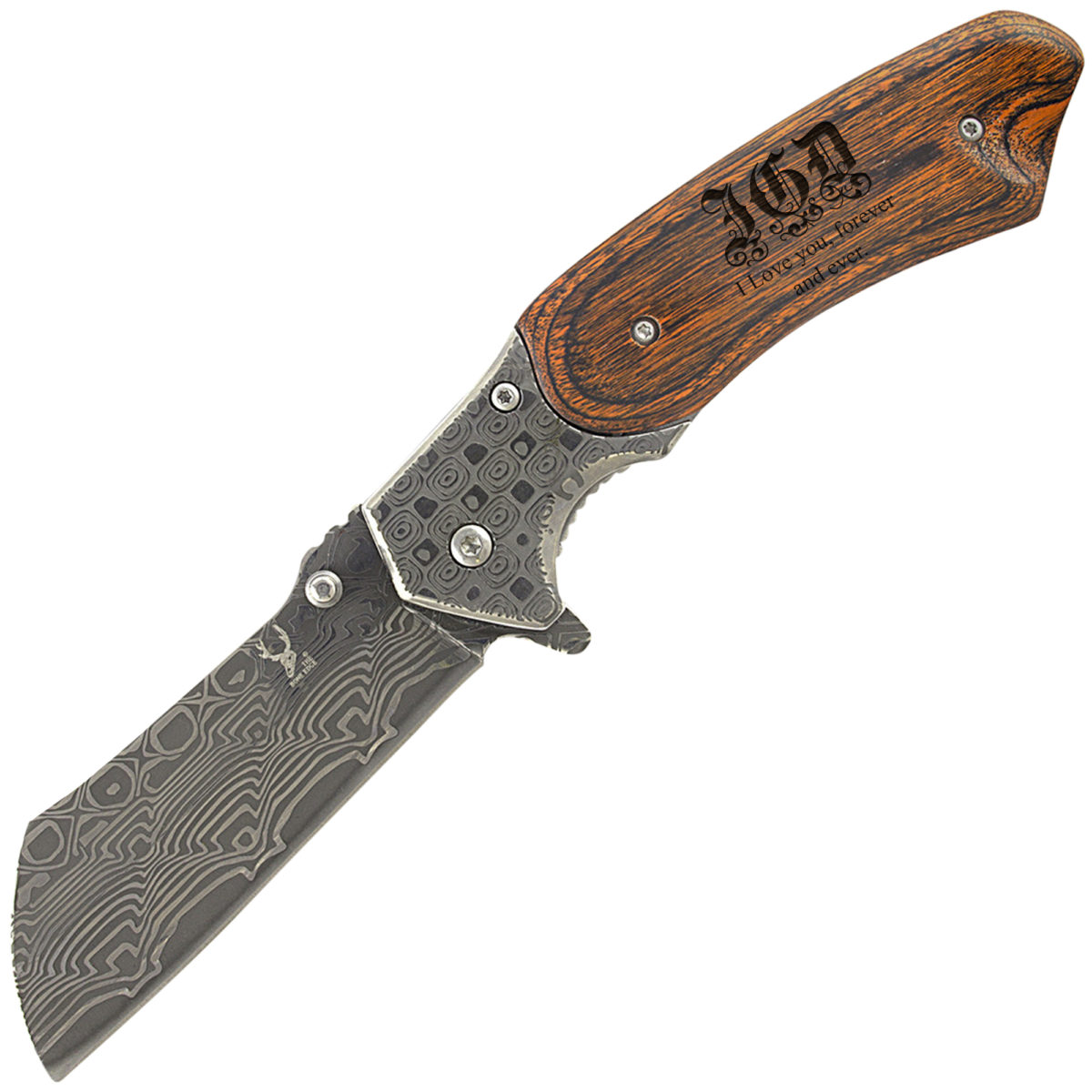 Personalized 7" Damascus Style Folding Pocket Knife - Image 4