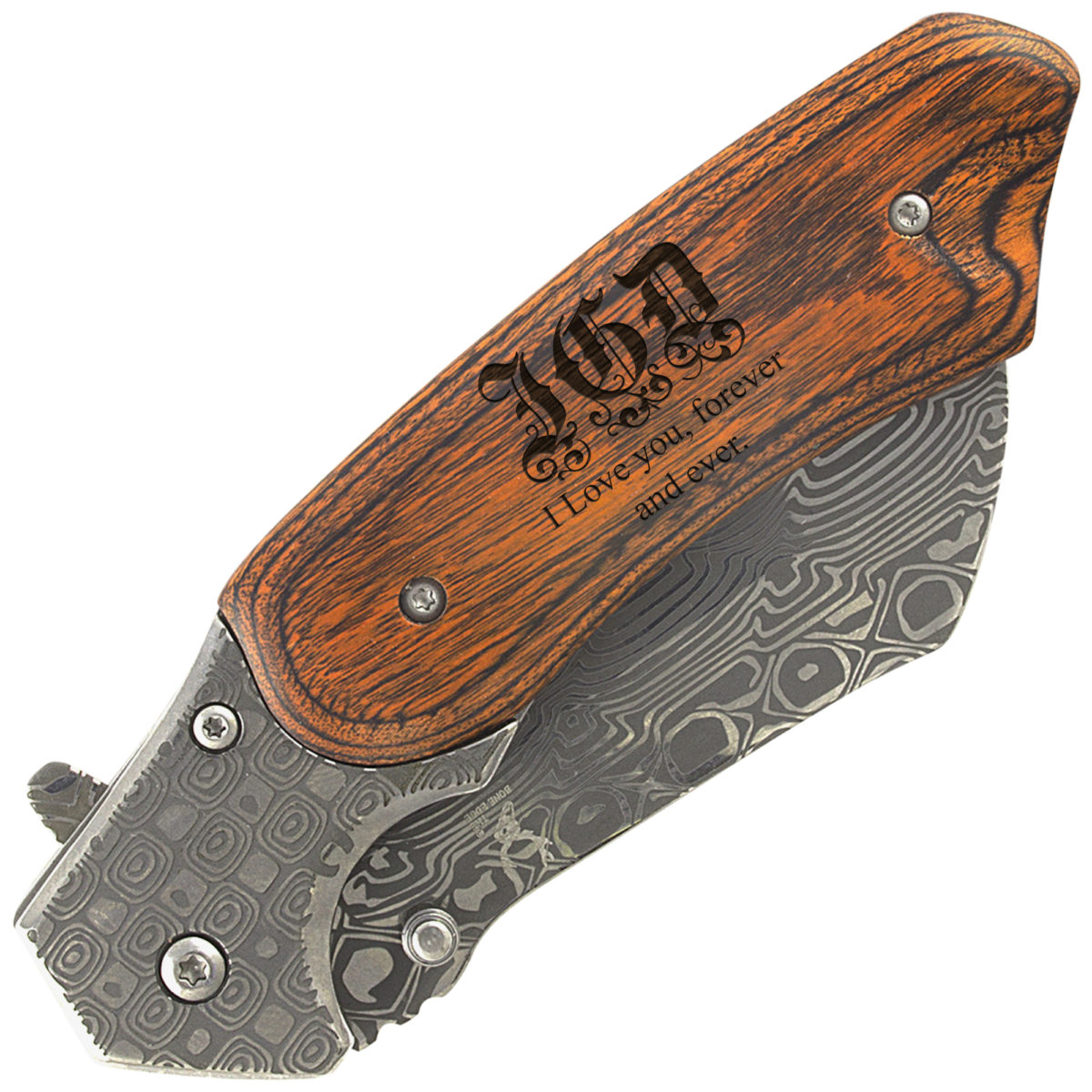 Personalized 7" Damascus Style Folding Pocket Knife - Image 5