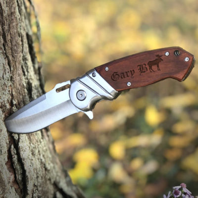 Personalized Elk 8.25" Folding Pocket Knife w/ Leather Lanyard