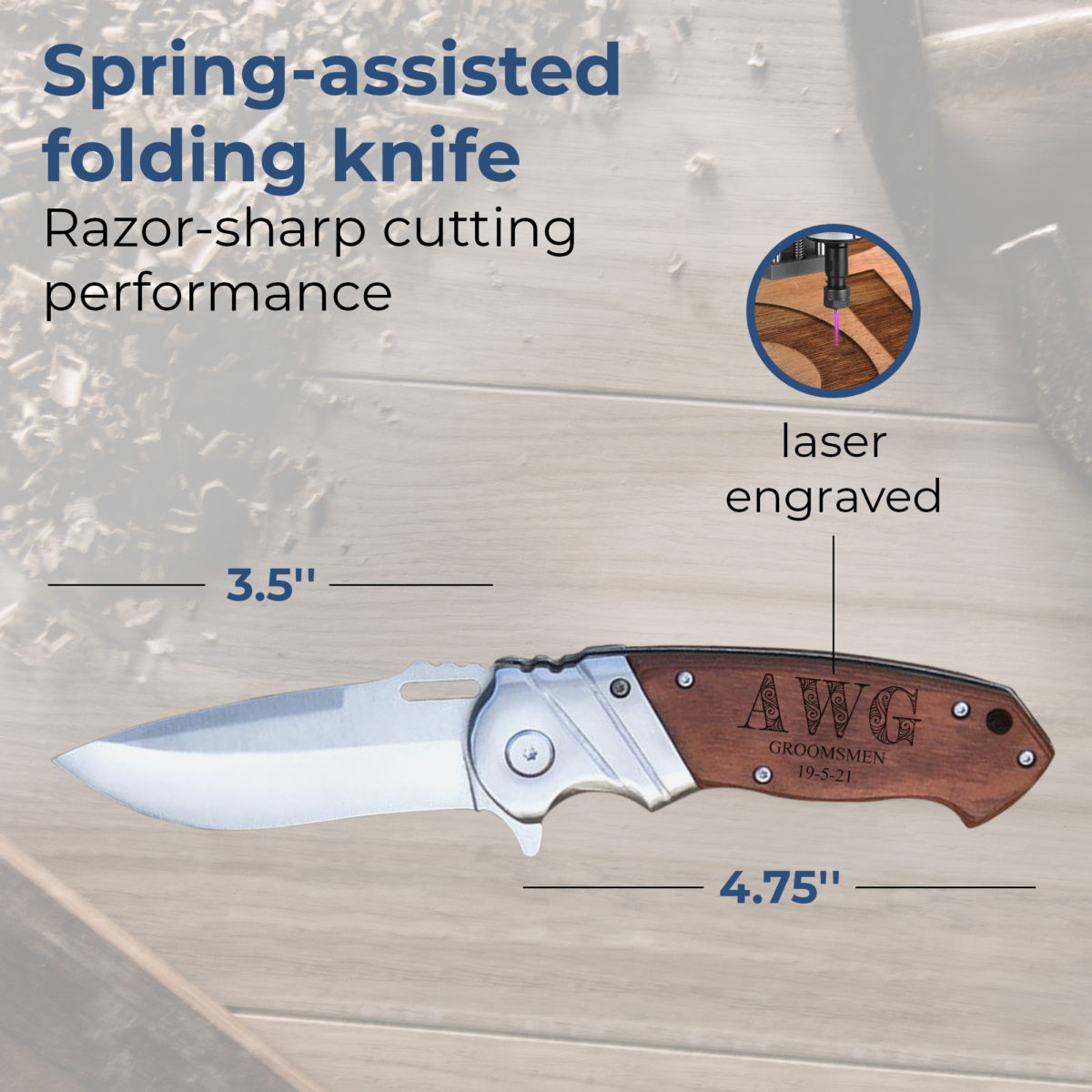 Personalized 8.25" Folding Pocket Knife w/ Leather Lanyard - Image 2