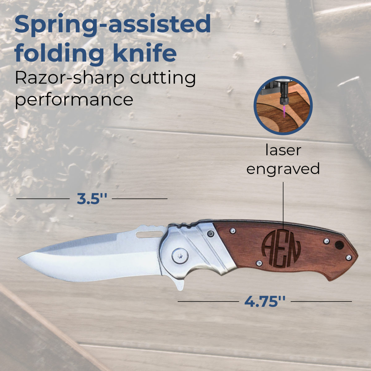 Personalized Round Monogram 8.25" Folding Pocket Knife w/ Leather Lanyard - Image 2