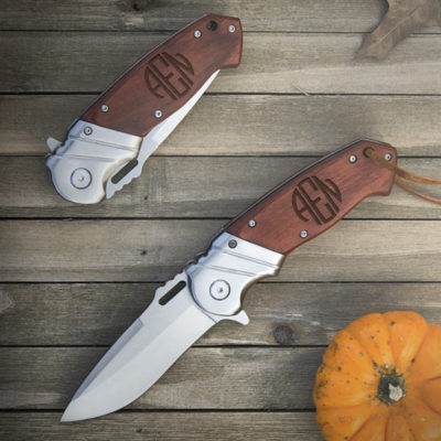 Personalized Round Monogram 8.25" Folding Pocket Knife w/ Leather Lanyard