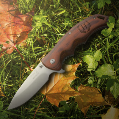 Personalized Laurel Monogram 8.5" Spring Assisted Pocket Knife with Wood Handle