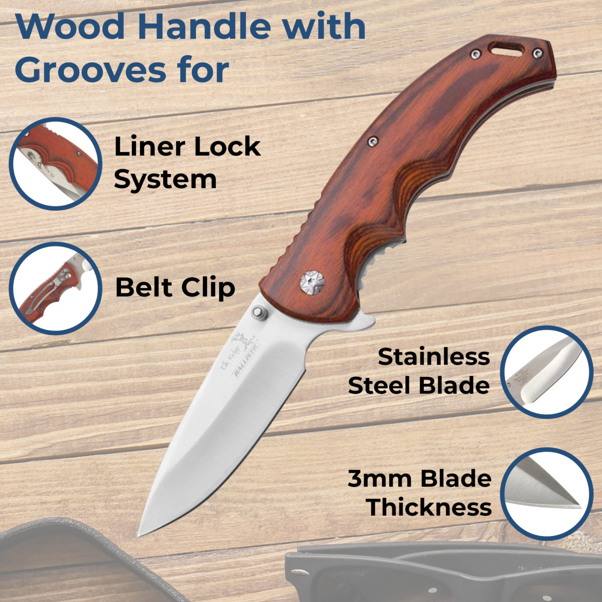 Personalized Round Monogram 8.5" Spring Assisted Pocket Knife with Wood Handle - Image 2