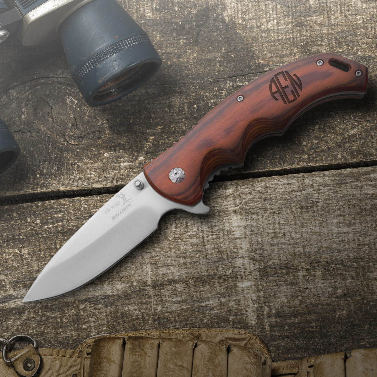 Personalized Round Monogram 8.5" Spring Assisted Pocket Knife with Wood Handle