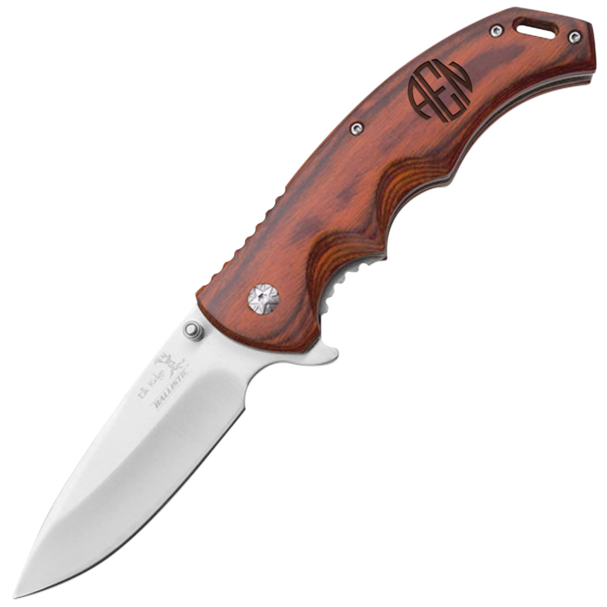 Personalized Round Monogram 8.5" Spring Assisted Pocket Knife with Wood Handle - Image 4