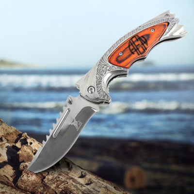 Personalized Round Monogram 8.5" Folding Pocket Knife w/ Belt Clip