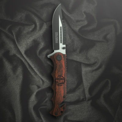 Personalized Round Monogram 8" Tactical Folding Knife with Wood Handle