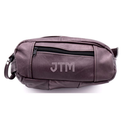 Personalized Gray Leather Toiletry Bag