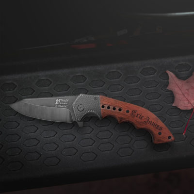 Personalized 9.25" Stonewashed Folding Knife with Wood Handle