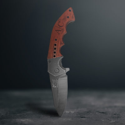 Personalized Line Monogram 9.25" Stonewashed Folding Knife with Wood Handle