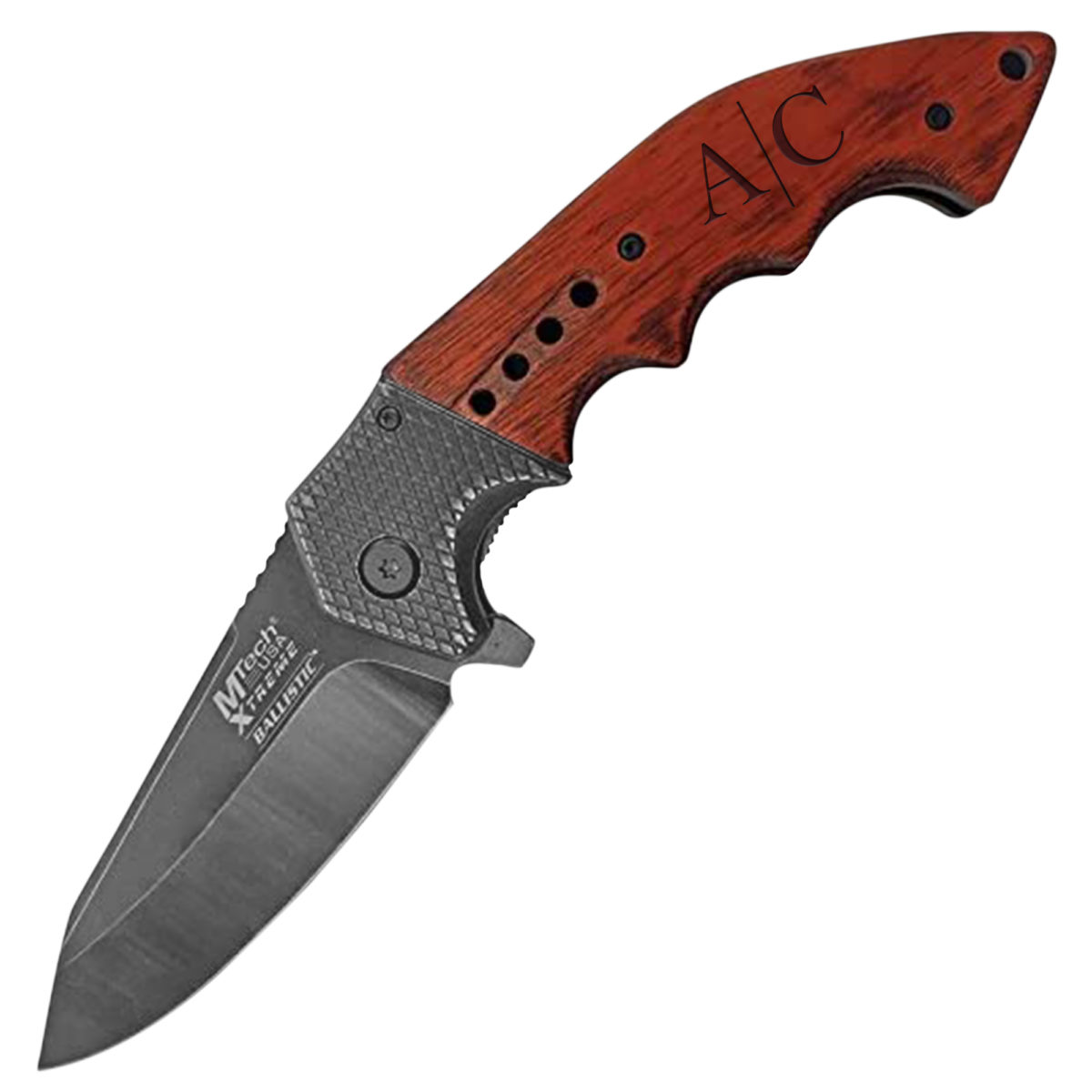 Personalized Line Monogram 9.25" Stonewashed Folding Knife with Wood Handle - Image 3