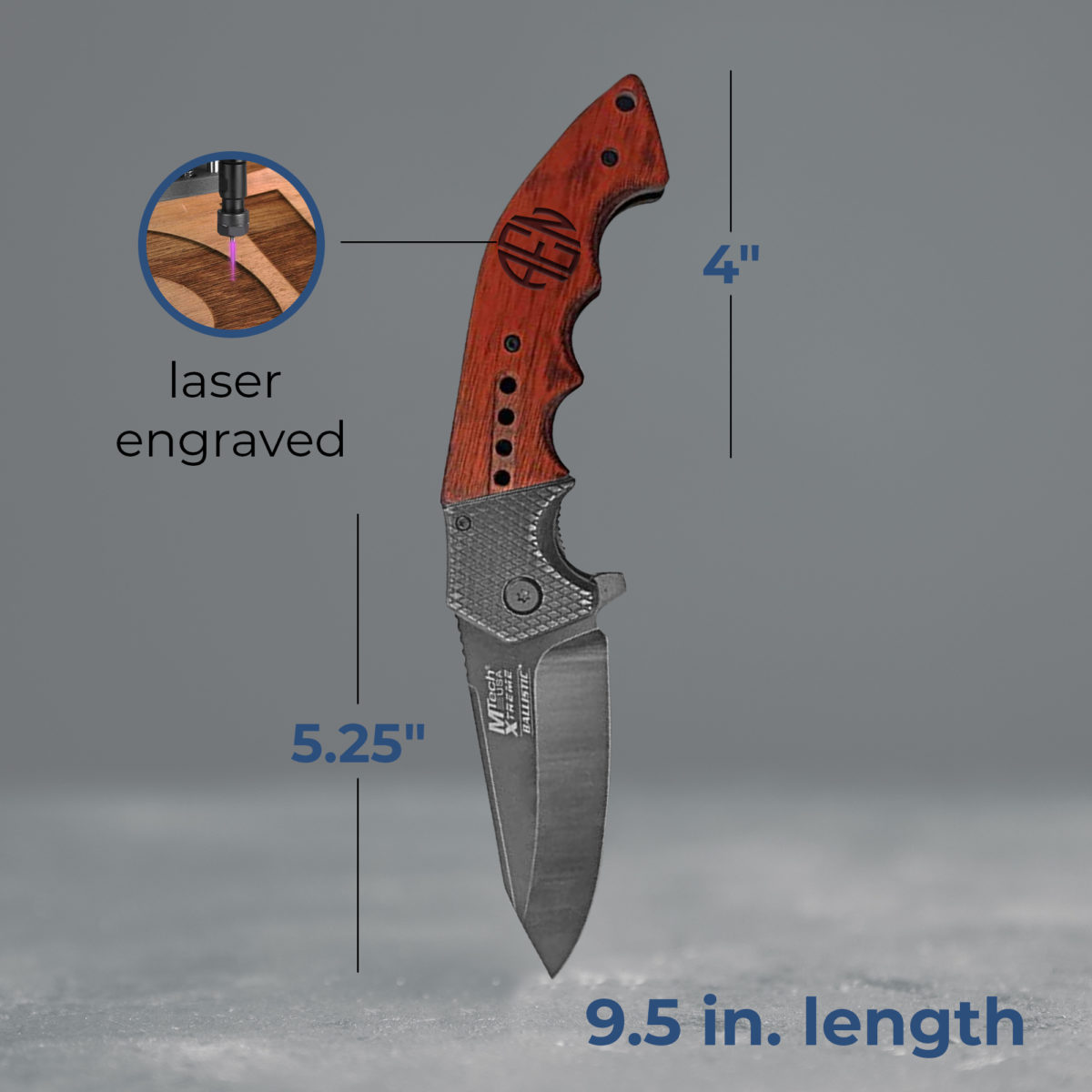 Personalized Round Monogram 9.25" Stonewashed Folding Knife with Wood Handle - Image 3