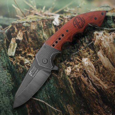 Personalized Round Monogram 9.25" Stonewashed Folding Knife with Wood Handle