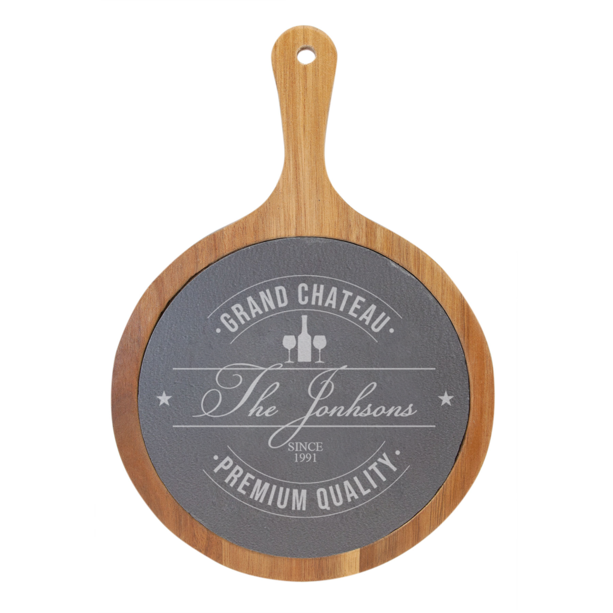 Personalized Chateau Round Wood Slate Serving Board - Image 3