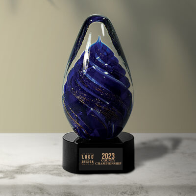 Personalized Blue Tear Drop Art Glass Award