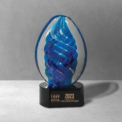 Personalized Blue Oval Swirl Art Glass Award