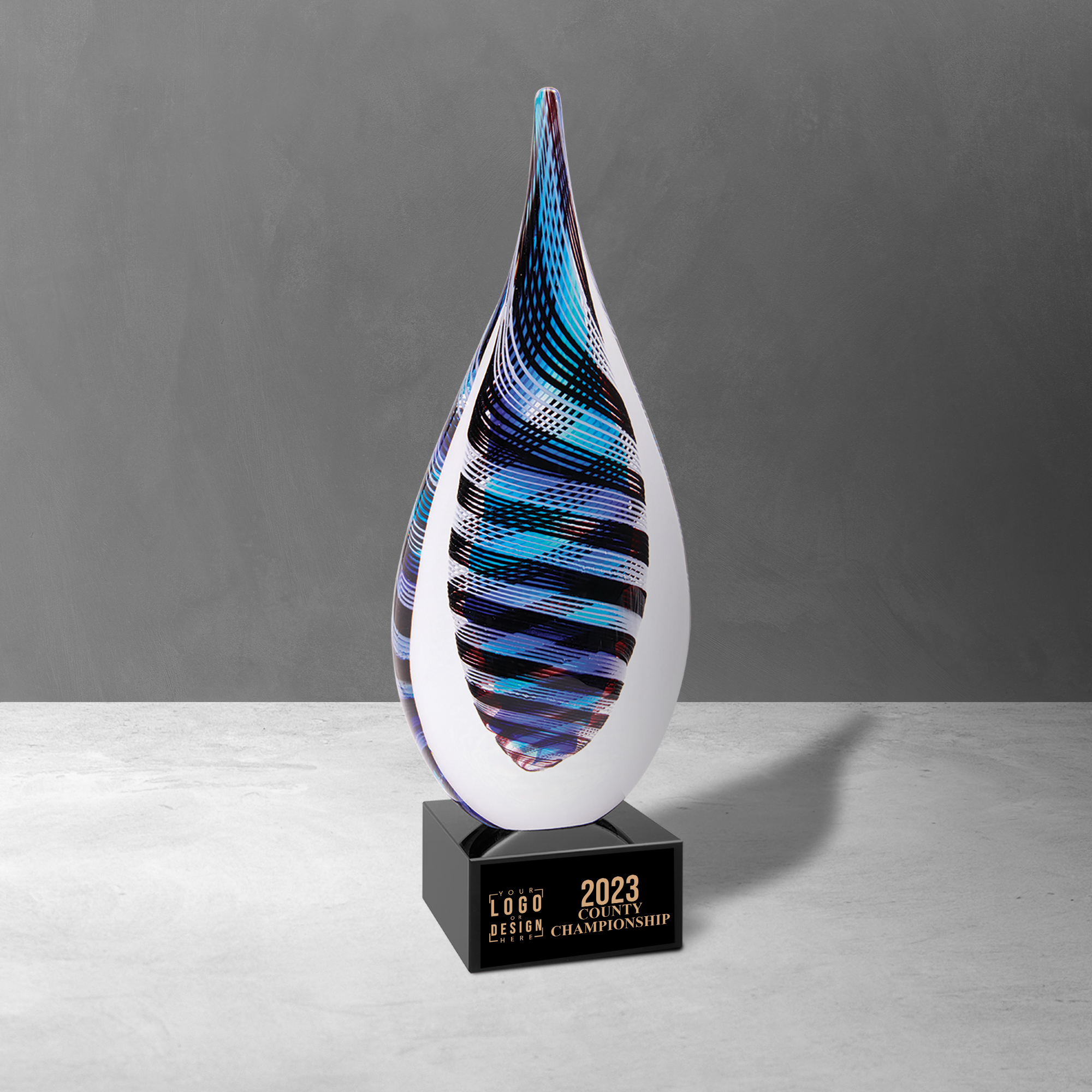 Personalized Blue, White & Black Twisted Rain Drop Award