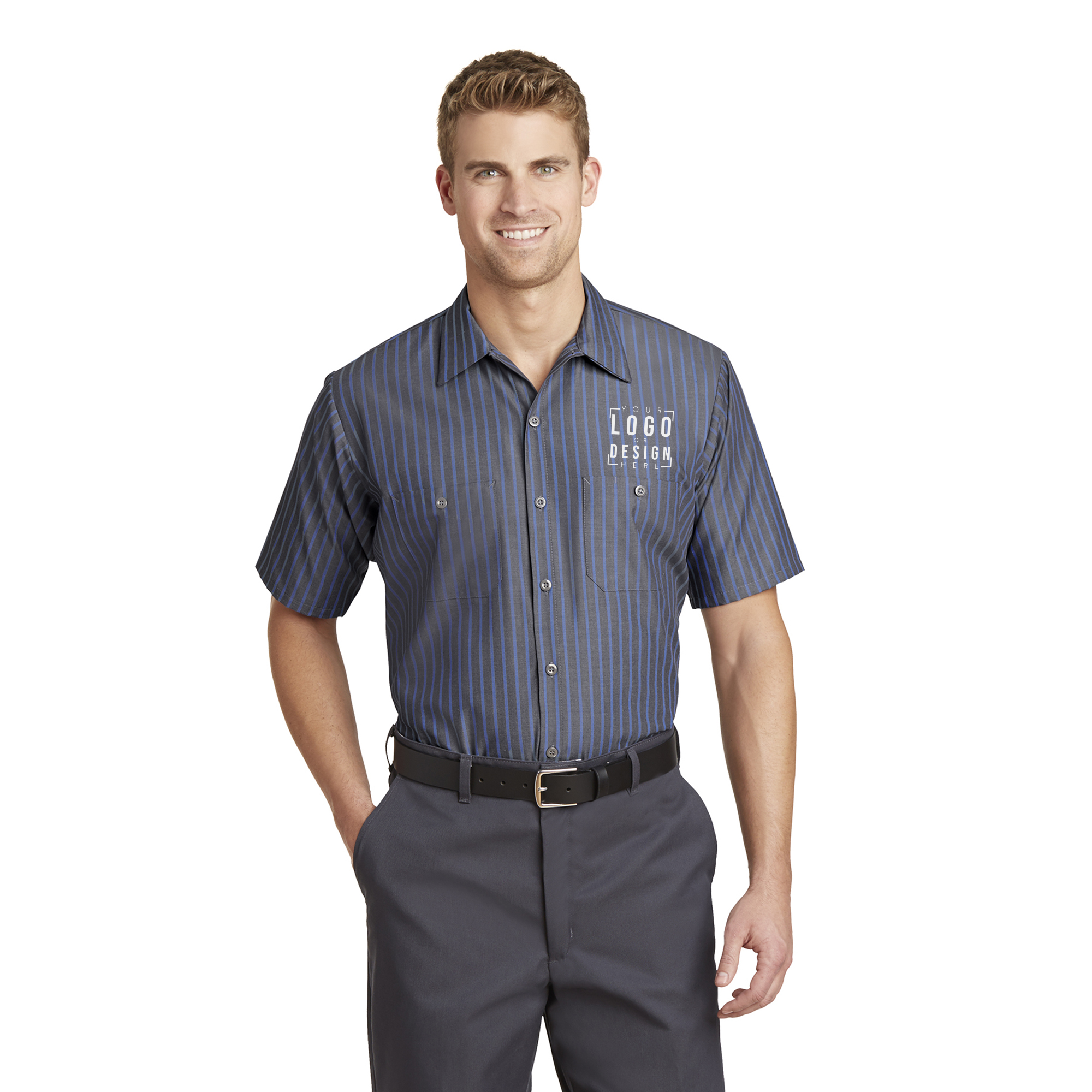 Red Kap Long Size Short Sleeve Striped Industrial Work Shirt