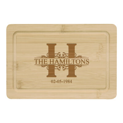 Custom Royal Monogram Bamboo Cutting Board with Drip Ring