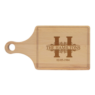 Custom Royal Monogram Maple Cutting Board Paddle Shape with Drip Ring