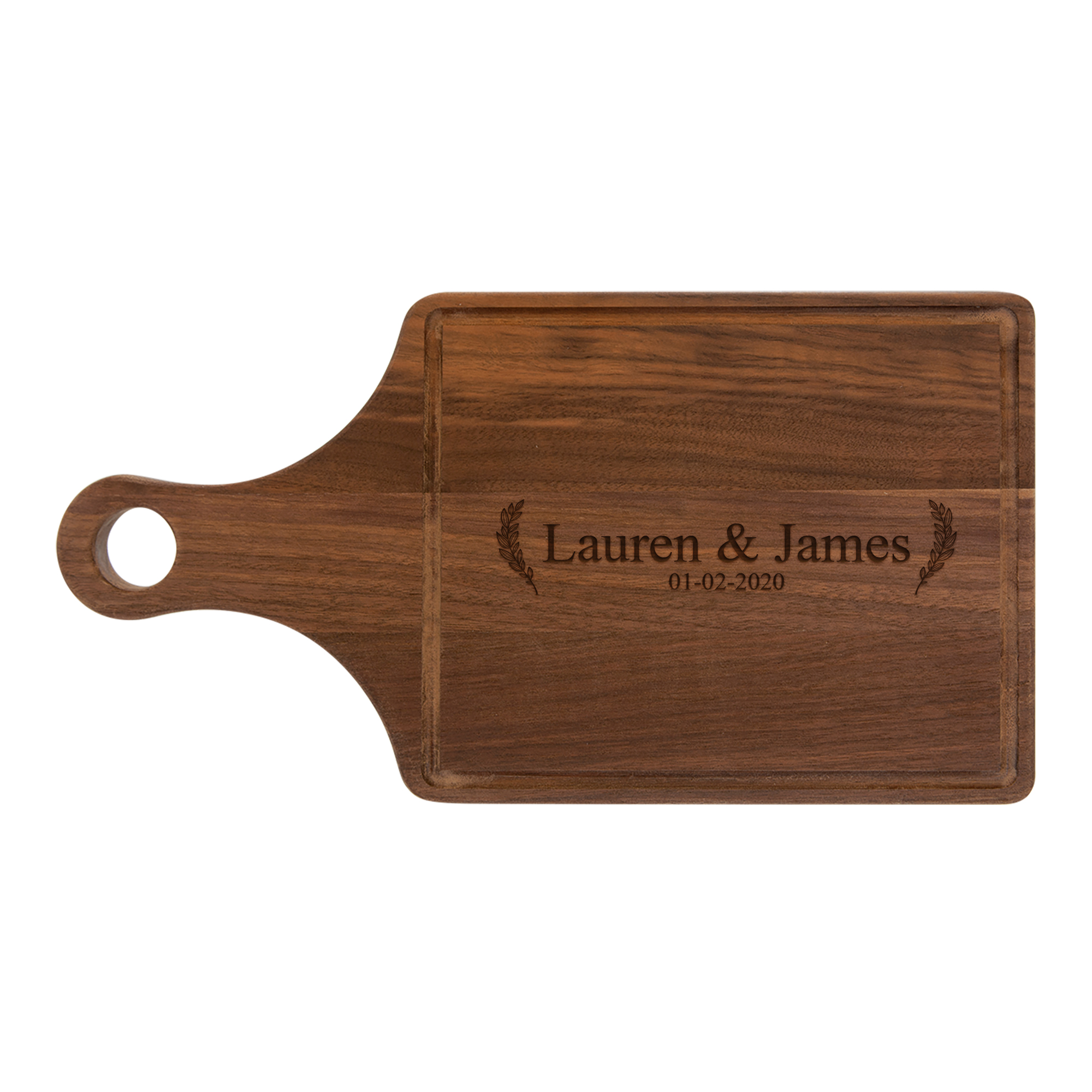 Custom Laurel Couple Walnut Cutting Board Paddle Shape with Drip Ring
