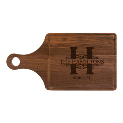 Custom Royal MonogramWalnut Cutting Board Paddle Shape with Drip Ring