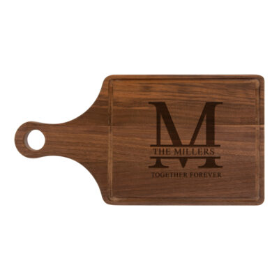 Custom Split Letter Monogram Walnut Cutting Board Paddle Shape with Drip Ring